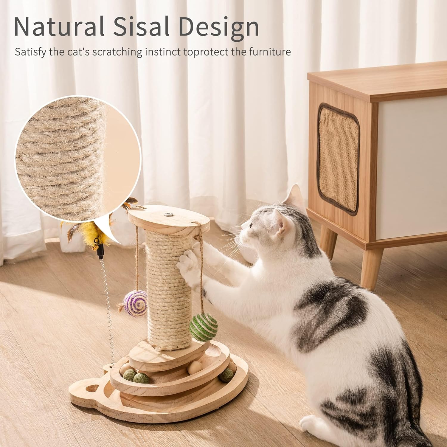 MEWOOFUN Cat Toy 2-Layer Turntable Cat Ball Toy with Feather,Kitten Toys Interactive Cat Toy with Eight Interactive Balls and Two Sisal Dangling Balls (Large)