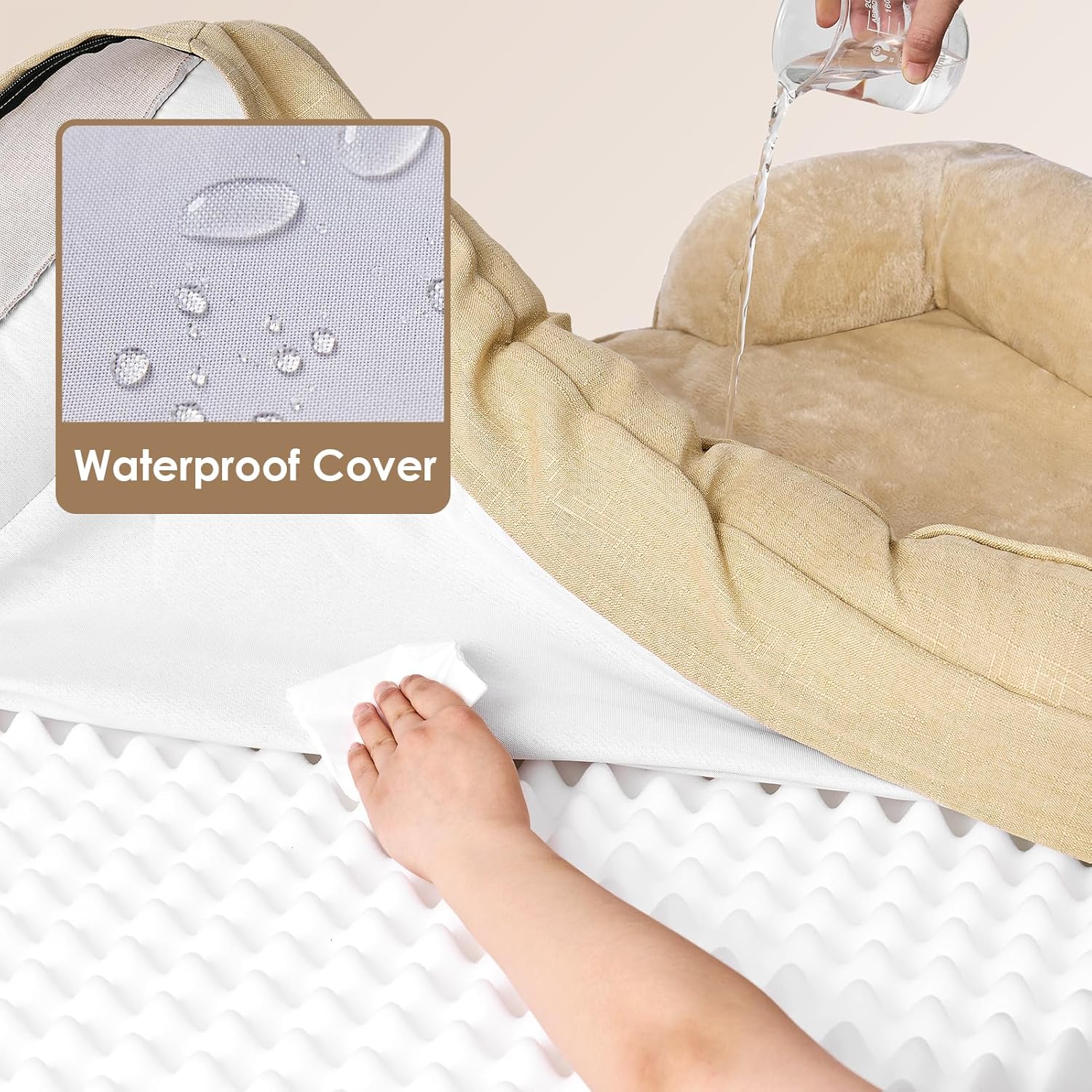 EHEYCIGA Orthopedic Dog Beds for Large Dogs, Waterproof Memory Foam Large Dog Bed with Sides, Non-Slip Bottom and Egg-Crate Foam Pet Couch Bed with Washable Removable Cover, Greige