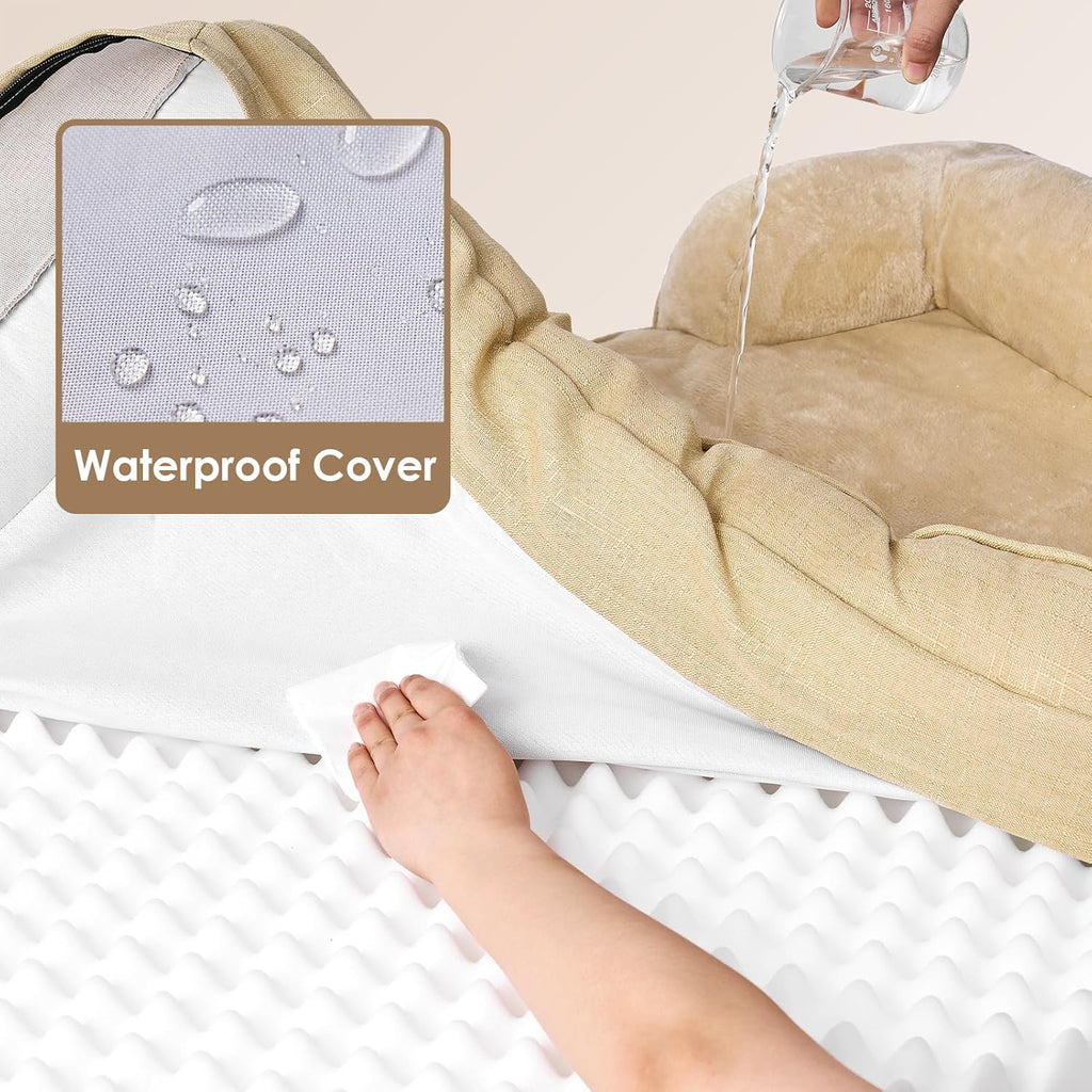 EHEYCIGA Orthopedic Dog Beds for Extra Large Dogs, Waterproof Memory Foam XXL Dog Bed with Sides, Non-Slip Bottom and Egg-Crate Foam Big Pet Couch Bed with Washable Removable Cover, Greige