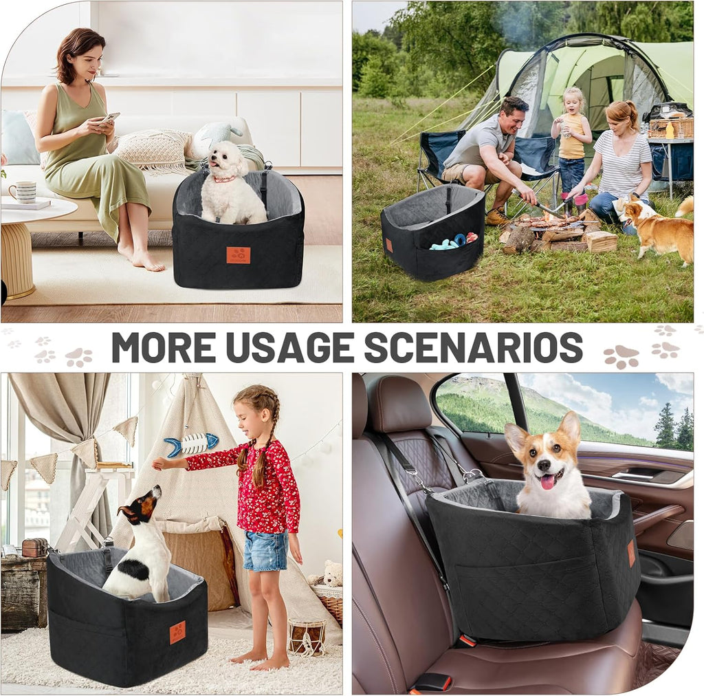 Dog Car Seat for Small Medium Dogs, Memory Foam Booster Car Seat for Dogs up to 35 lbs, Elevated Pet Car Seat with Washable Removable Cover and Storage Pockets (Black/Gray)