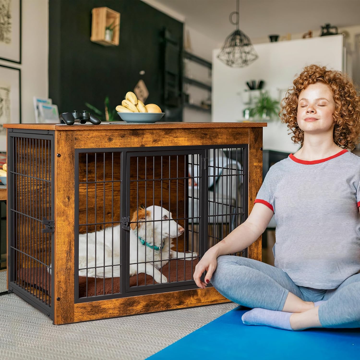 Bigrab Dog Crate Furniture with Thick Cushion, Side End Table Wooden Dog Cage with Double Doors, Chew-Resistant Dog Kennel Dog House Indoor for Small to Large Dog, L