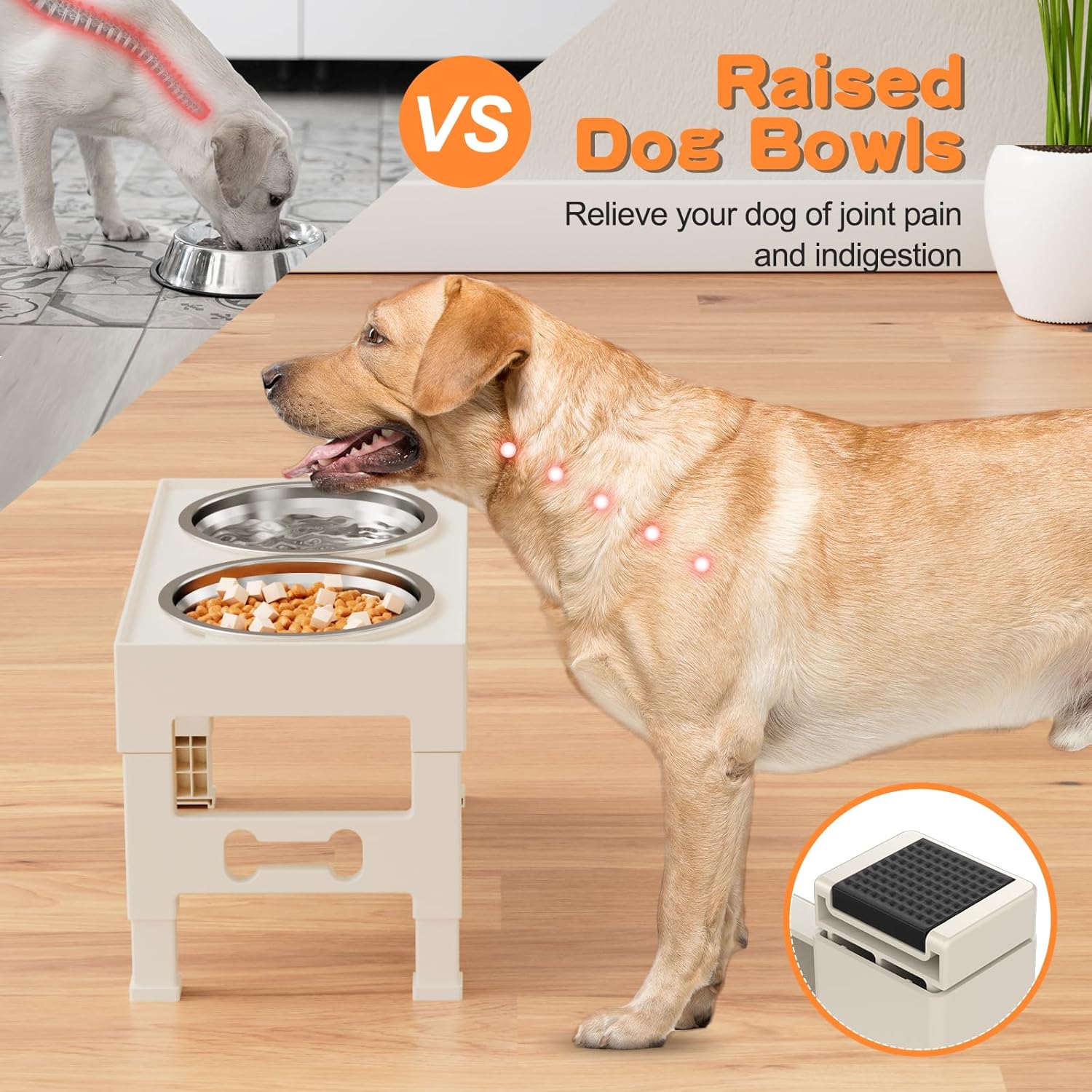 Elevated Dog Bowls with Mat, Raised Dog Food Bowl Stand with 2 Stainless Steel Bowls, 5 Height Adjustable (3.1", 9", 10", 11", 12") Non-Slip Feeder Set for Medium and Large Dogs – Apricot