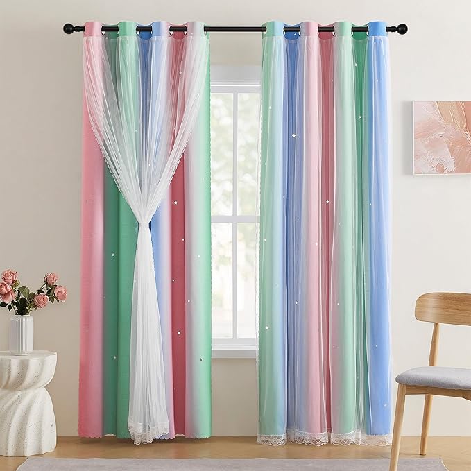 XiDi Girls Curtains for Bedroom 72 Inches Long 2 Panels Pink Green Blue Rainbow Blackout Curtains for Little Girl Kids Room Decor Living Room, Princess Unicorn Wall Decals Drapes 52x72