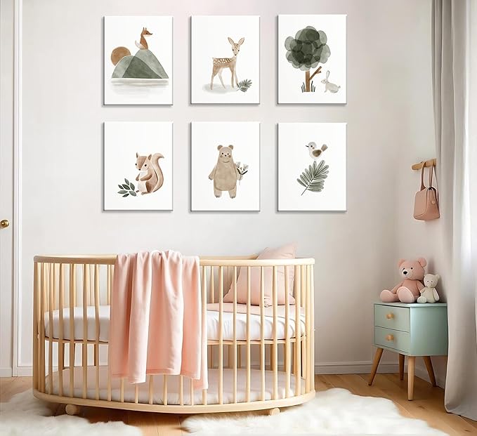 6 Pieces With Woodland Nursery Canvas Wall Art Neutral Sage Green Bohemian Minimalist Forest Animals Paintings Pictures Wall Decor Poster Print Artwork For Kids Room Baby Room Boys Girls Bedroom