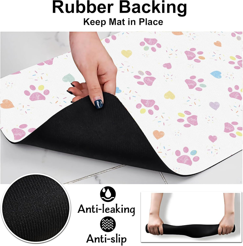 Pink Dog Paw Pet Feeding Mat for Floors-Absorbent Dog Bowl Mat for Food and Water, Quick Dry Pet Cat Feeding Mats with Non Slip Bottom, Mess-Free Dog Accessories 16"x24"