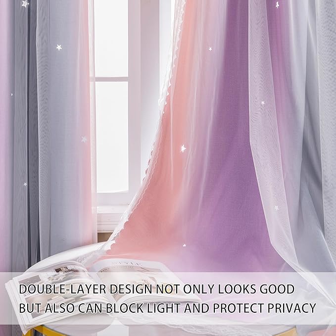 XiDi Rainbow Blackout Curtains 96 Inches Long for Girls Bedroom 2 Panels Set, Kids Pink Curtains for Room Decor Unicorn Wall Decals Drapes for Little Girl Nursery Grey/Pink/Purple 34 Inches Wide