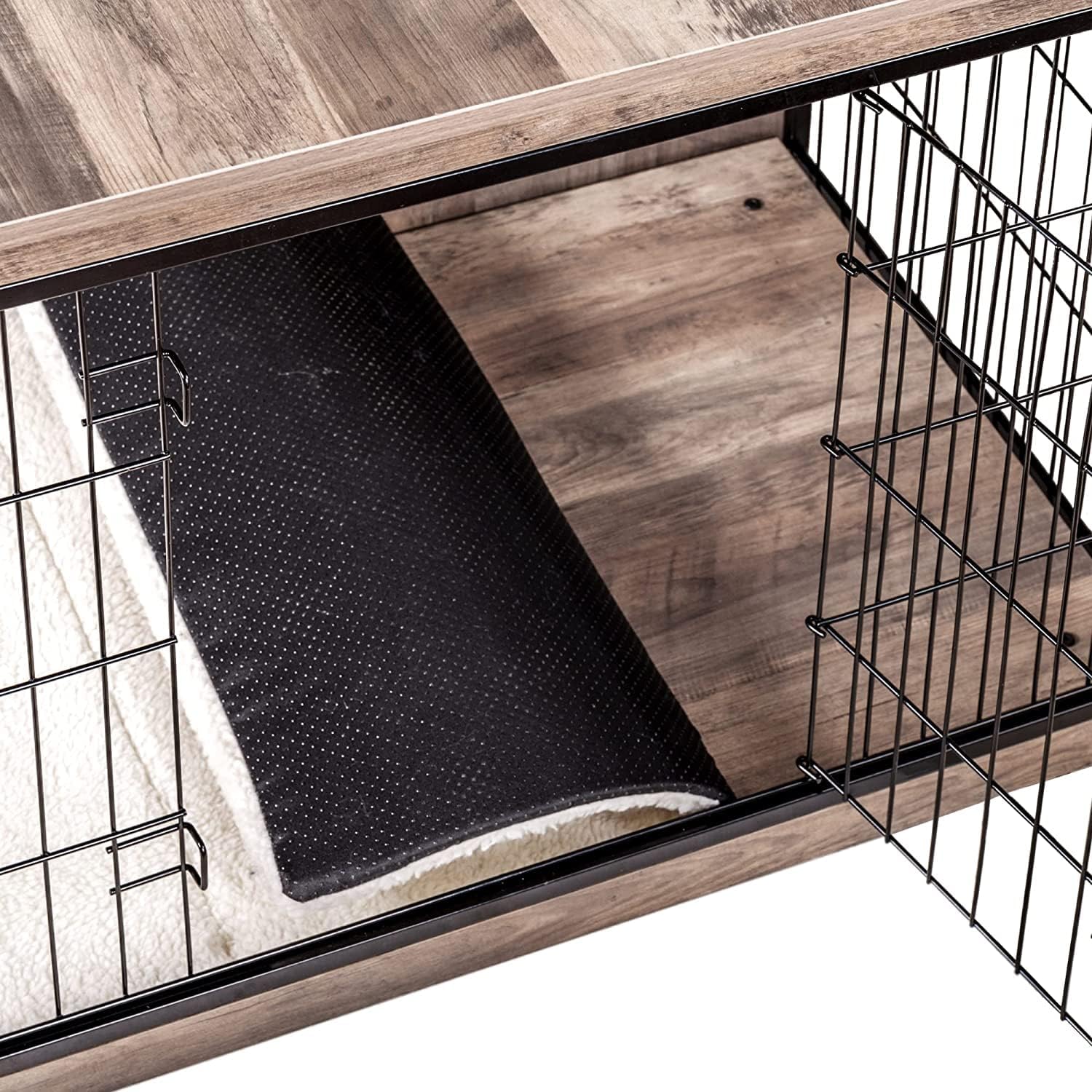 DWANTON Dog Crate Furniture with Cushion, Wooden Kennel Table with Double Doors, Indoor Dog House, Large Size, 38.5" L, Greige