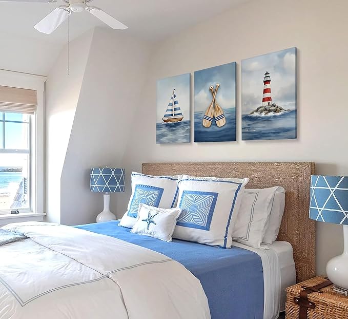 Blue Nautical Nursery Wall Art Vintage Sailboat Lighthouse Pictures Wall Decor Boy Coastal Posters Navy Sea Ocean Canvas Print Artwork for Kids Boys Room Playroom Bedroom Decor, Framed