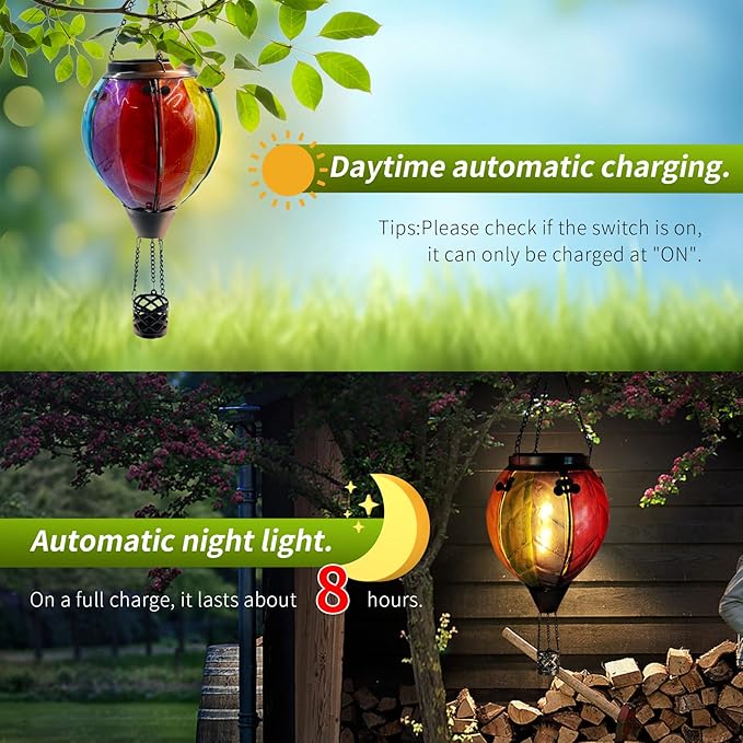 Glass Solar Hot Air Balloon Lantern with Flame Hanging Garden Flickering Light Outdoor Waterproof for Yard Patio Tree Mother's Day Gift, Colorful