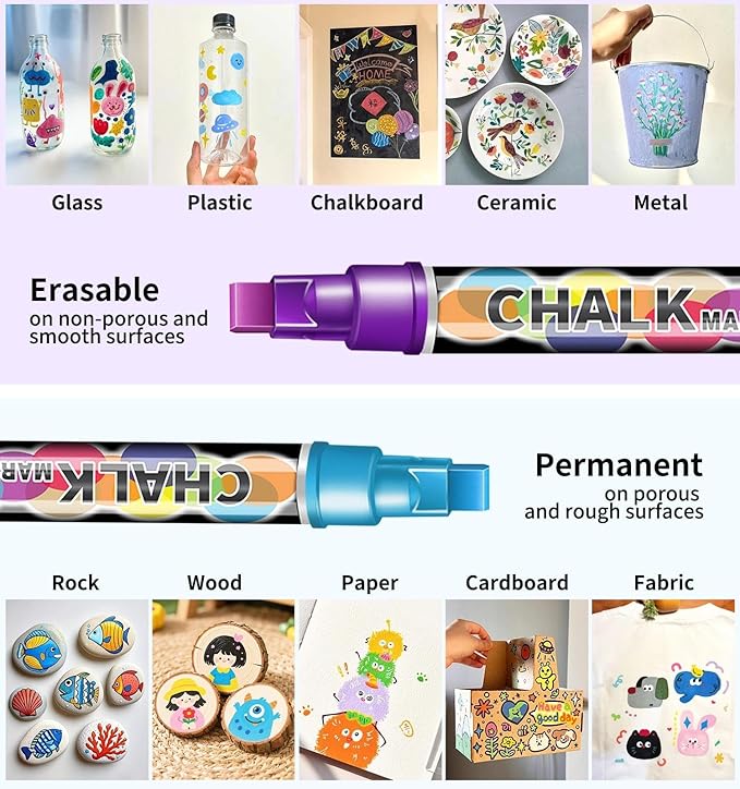 Liquid Chalk Markers for Blackboard, 12 Vibrant Color Dry Erase Marker Pens with 10mm 3 in 1 Wide Reversible Tip, Washable Chalkboard Markers Car Window Paint Pens for Christmas Glass Decor for Kids