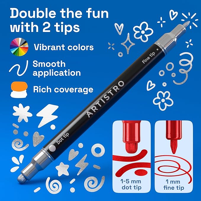 ARTISTRO 36 Metallic Acrylic Paint Markers for Rock, Fabric, Wood, Glass, Craft, Decoration - Dual-Tip Paint Pens - Stocking Stuffers, Christmas Gift Idea for Teens, Grandkids, Kids - Art Supplies