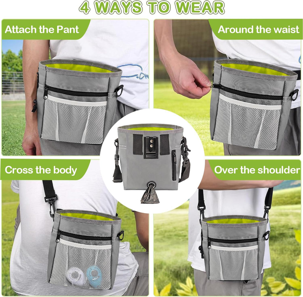 JIURUN Dog Treat Bag, Dog Training Kit - Treat Pouch, Pet Training Fanny Pack, Puppy Training Clicker, 2-in-1 Whistle Clicker, Collapsible Dog Bowl, 2 Dog Poop Bag（Gray）
