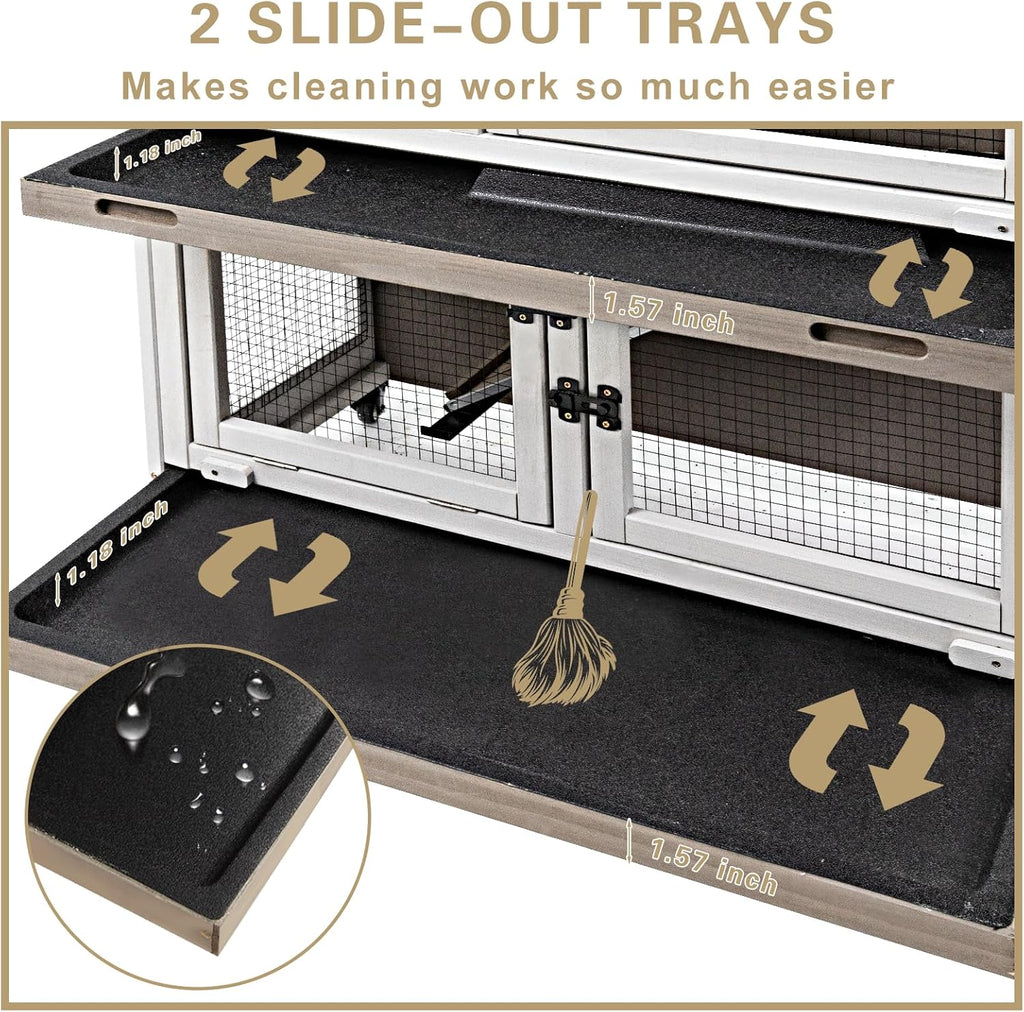 36" L Rabbit Hutch Indoor with 4 Metal Wheels, 2-Story Wooden Bunny Hutch Outdoor Bunny Cage, 2 Deeper Pull-Out Trays, Ramp, Rabbit Cage Guinea Pig Pet House for Small Animals