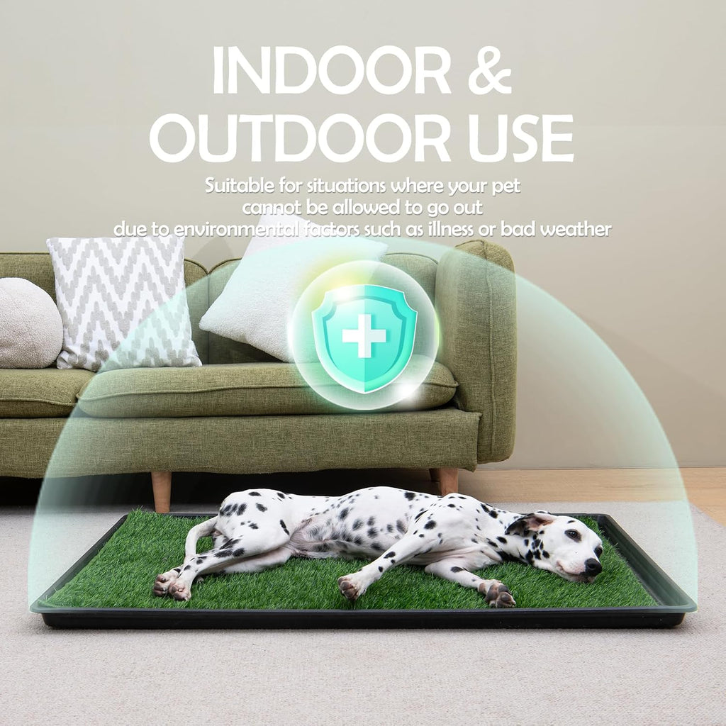 MEEXPAWS Dog Grass Pee Pads for Dogs with Tray | Large 34×23 in | 2× Dog Artificial Grass Pads Replacement| Rapid Drainage | Indoor Litter Box | Hemmed Edge