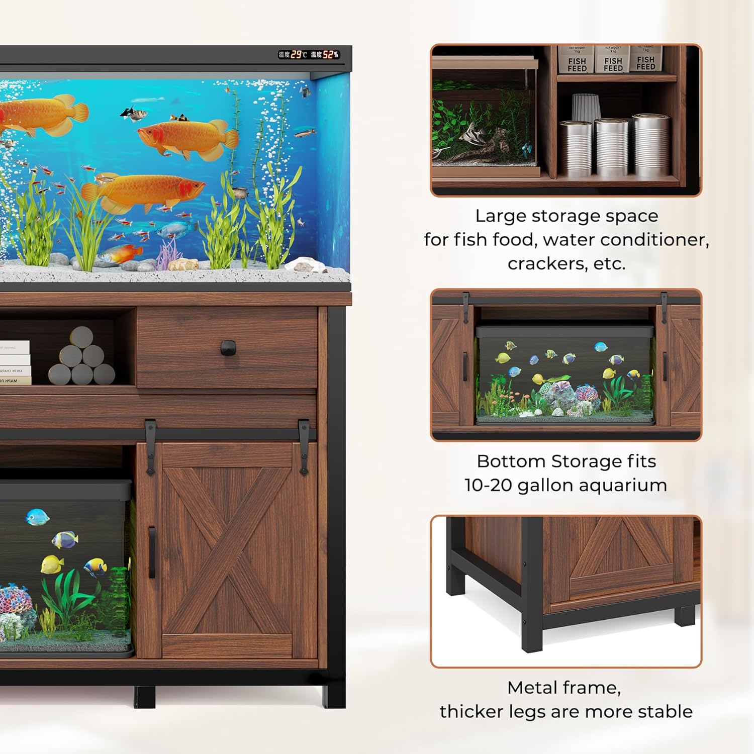 Miereirl 75-120 Gallon Fish Tank Stand with Power Outlet – Heavy Duty Aquarium Stand, Rustic Farmhouse Style, 1000 lb Capacity, Adjustable Storage & Sliding Barn Doors, Light Brown