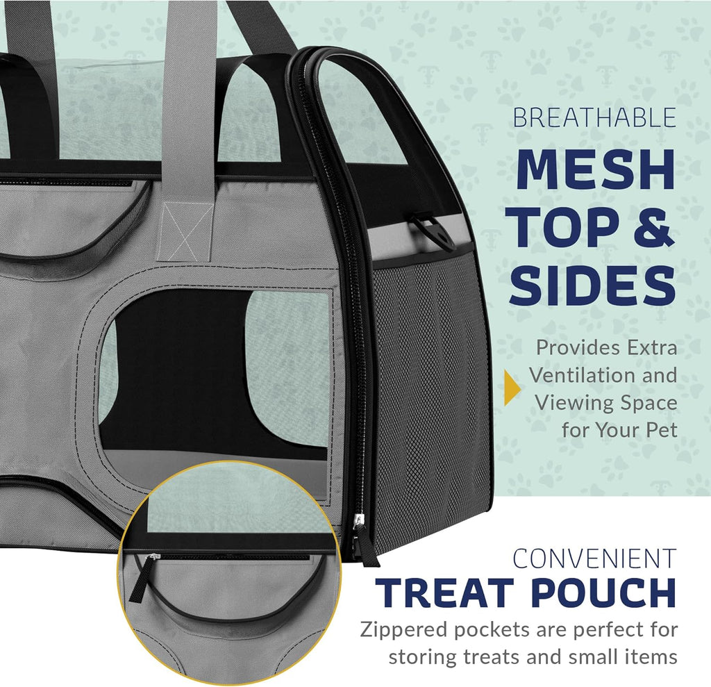 Katziela Pet Carrier - Airline Compliant Dog TSA for Small Dogs and Cats Soft FAA Travel Airplane Luggage (Gray/Black)