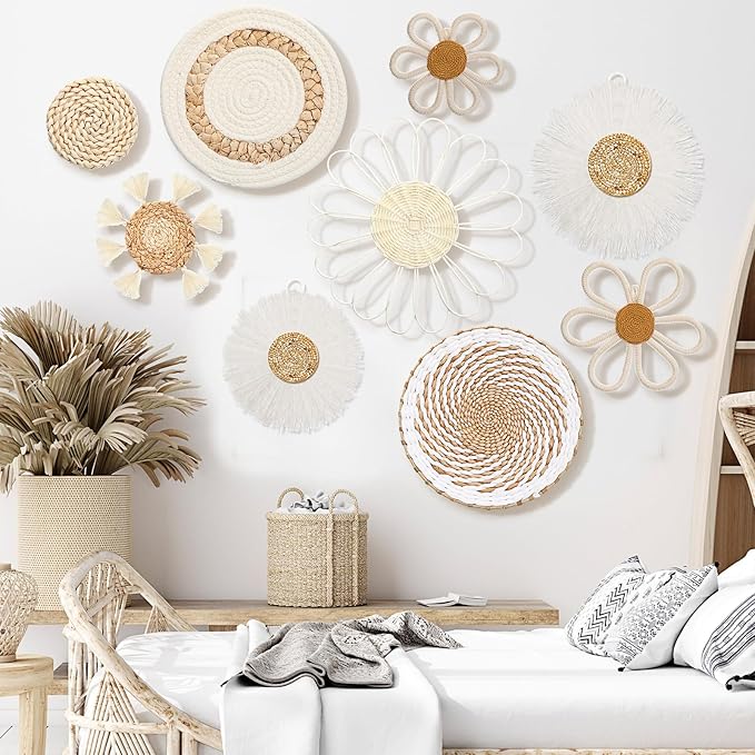 Chunful 9 Pcs Boho Nursery Wall Decor Daisy Flower Woven Macrame Seagrass Rattan Basket Wall Hanging Bohemian Decorations Gifts for Home Dorm Art Farmhouse Bedrooms Living Room(White)