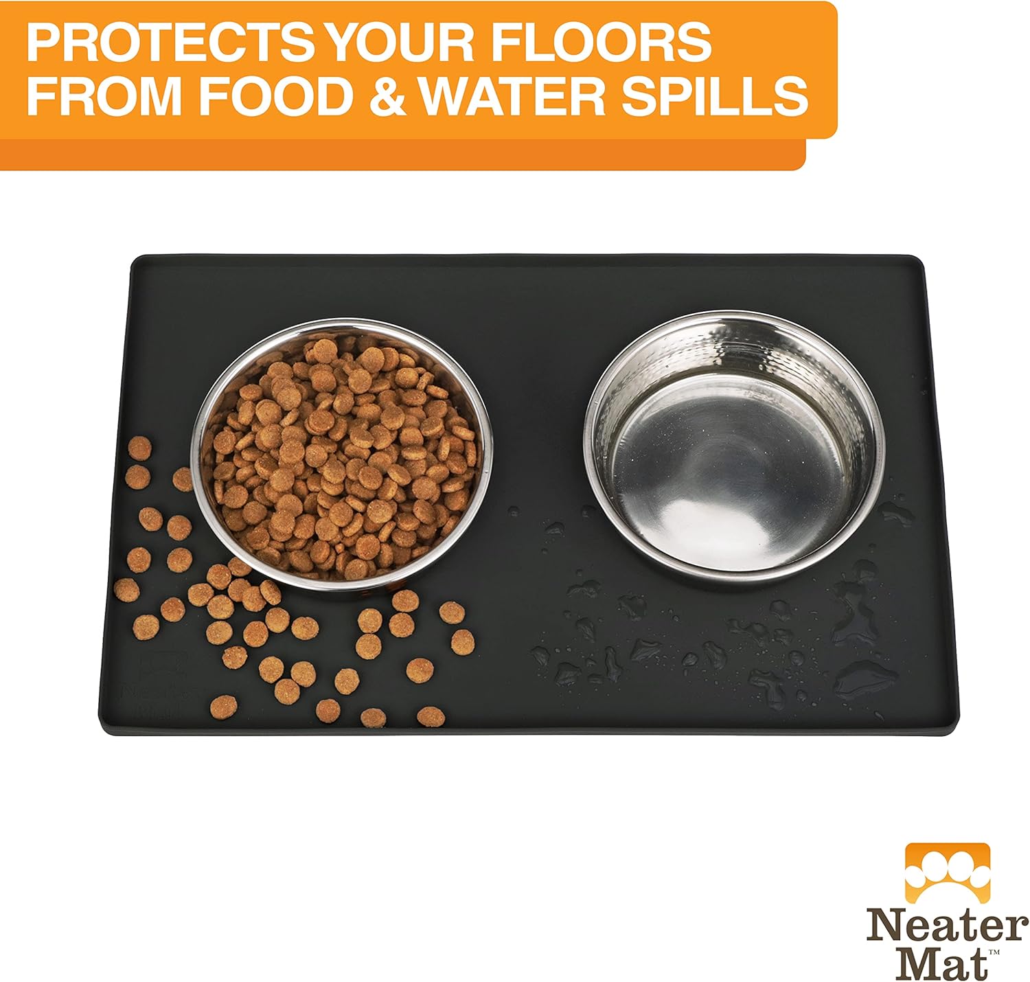 Neater Pet Brands Neater Mat Pet Mats for Food and Water, Cat & Dog Bowl Mat Waterproof Silicone, Feeding Tray, Dog Food Mats for Floors, Placemat w/Raised Edge for Under Bowls, 16” x 10”, Black