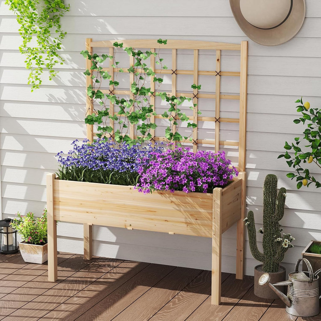 Giantex Raised Garden Bed with Trellis, Wooden Elevated Planter Box with Legs, Drainage Holes for Climbing Plants Vines Vegetables Flowers Herbs, Outdoor Horticulture Planter for Patio Yard (Natural)