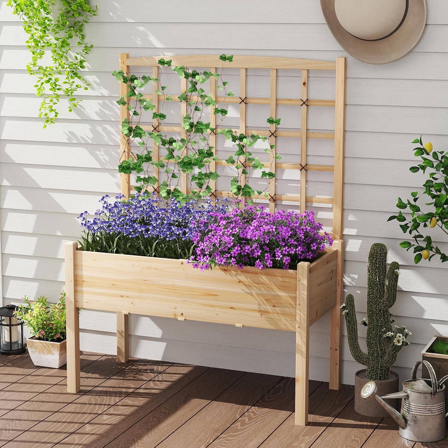 Giantex Raised Garden Bed with Trellis, Wooden Elevated Planter Box with Legs, Drainage Holes for Climbing Plants Vines Vegetables Flowers Herbs, Outdoor Horticulture Planter for Patio Yard (Natural)