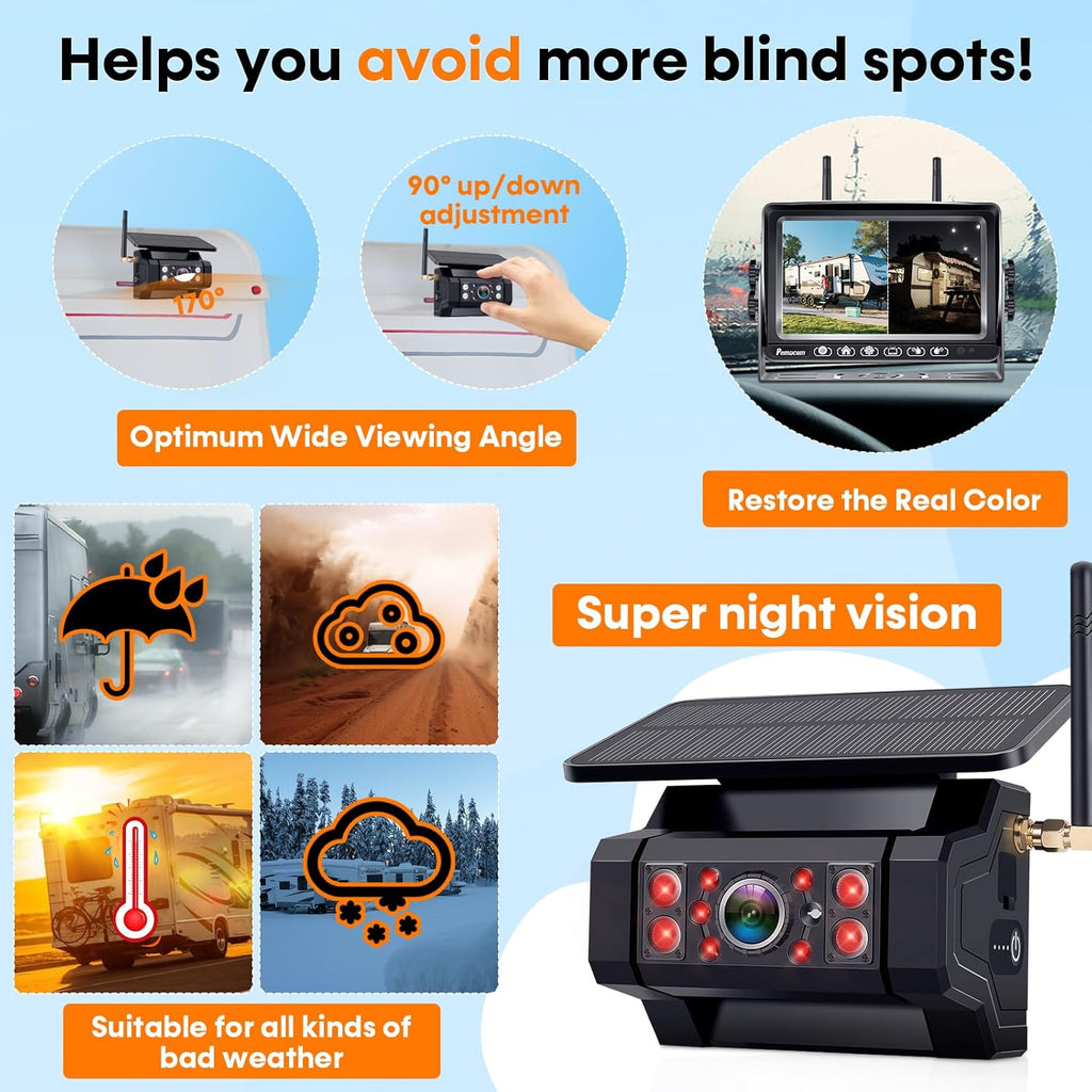 RV Backup Camera with Solar Magnetic: Long Distance No Signal Delay, 7 Inch Touch Key Monitor with Recording, HD 1080P Wireless Backup Camera for Trailer, 5th Wheel, Camper