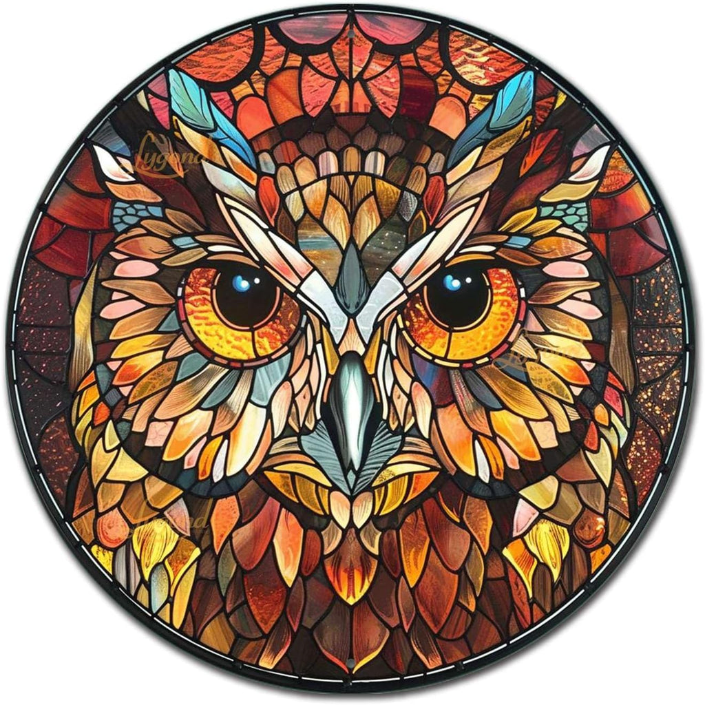 Lygond Metal Sign Tin Sign Circular Stained Glass Owl Metal Garden Signs for Garden 12×12 Inches