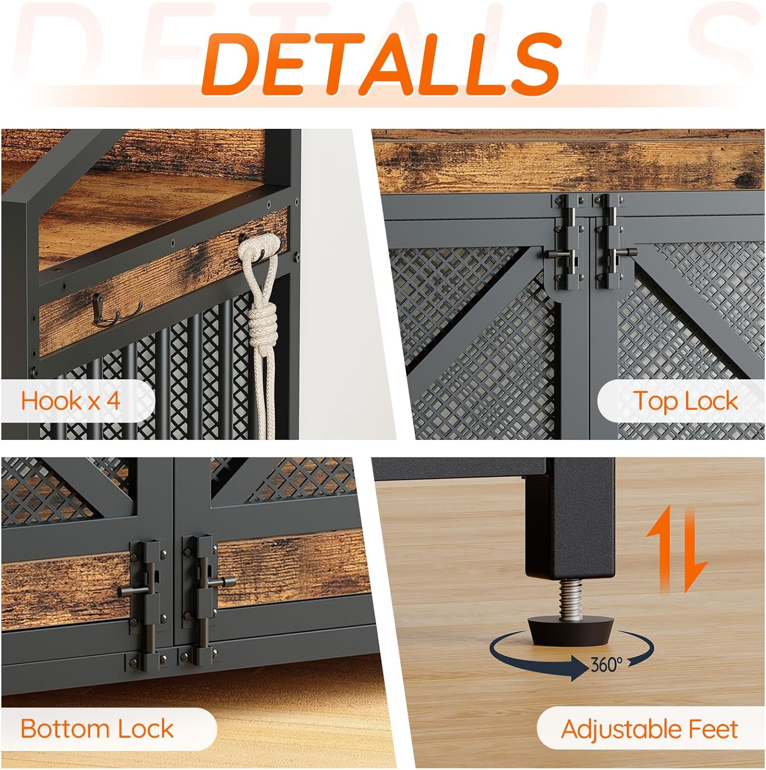 HOOBRO 43.3" Dog Crate Furniture, Heavy Duty Dog Kennel Indoor with Storage Shelves, Wooden Dog Cage with LED Lights, for Medium Large Breed, Rustic Brown and Black BF89DGW03