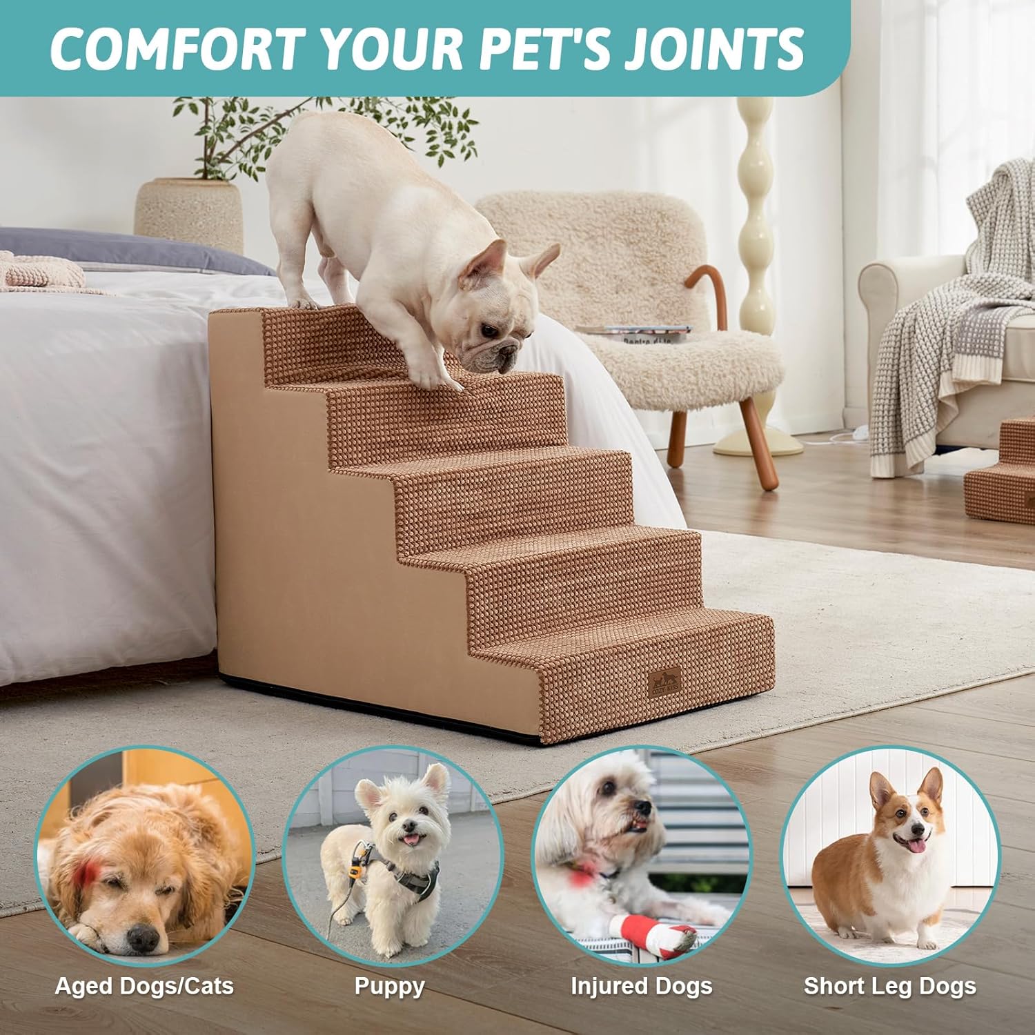 Dog Stairs for Small Dogs, 5 Tier Wider Pet Stairs for High Beds, 23.6" H Non-Slip Dog Steps for Old Cats, Puppies, Small Medium Dogs, 29.5x19.7x23.6 inch, Light Brown