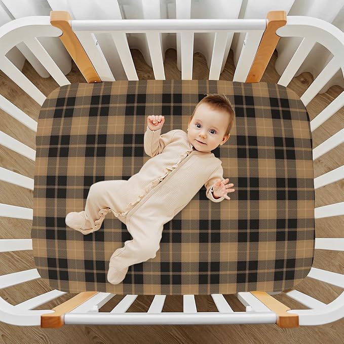 Brown Plaid Crib Sheets Soft Breathable Fitted Baby Crib Sheets Mattress Cover for Girl Boys, 52" x 28" x 9"