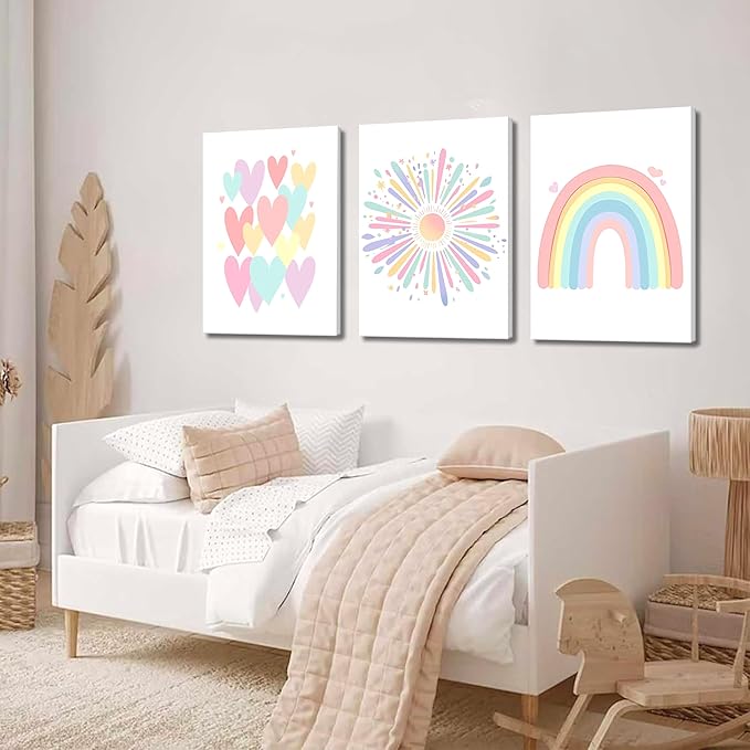 Framed Girls Rainbow Canvas Wall Art Set of 3, Colorful Boho Sun Nursery Wall Decor Painting, Kids Heart Picture Posters Prints for Classroom Kids Room Baby Room Bedroom Dorm Decor 12x16 In