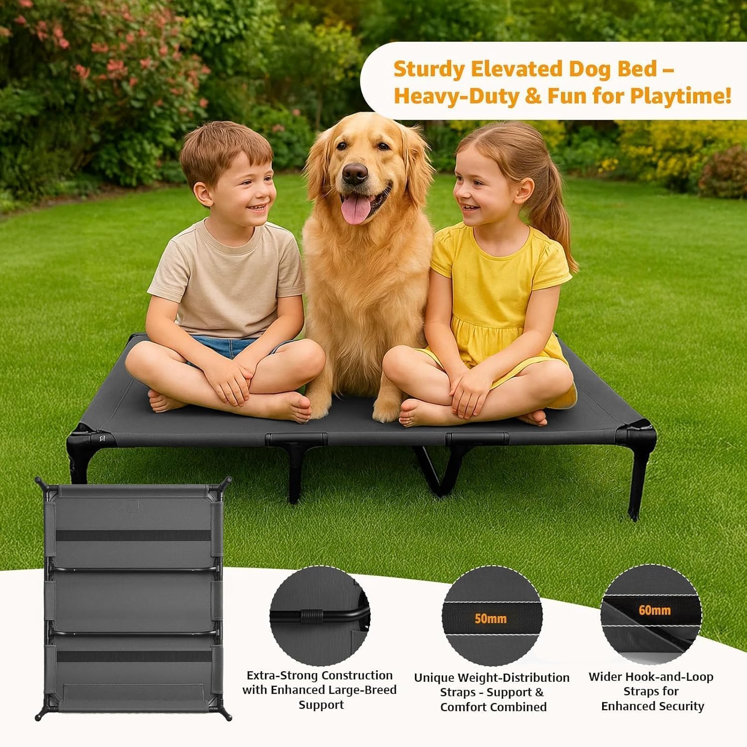 Canvas Elevated Dog Bed, Durable Chew Proof Outdoor Raised Pet Cot for Extra Large Dogs, Waterproof, Breathable, Portable, Washable, Easy Assembly, Sturdy Frame for Camping & Travel, Dark Grey