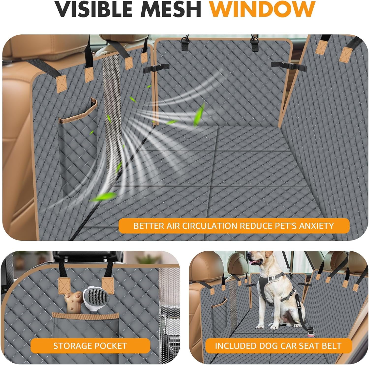 Dog Car Seat Cover for Back Seat, Larger Dog Car Bed Cover with Strong Bottom, Car Back Seat Extender Hammock for Car SUV Truck Grey