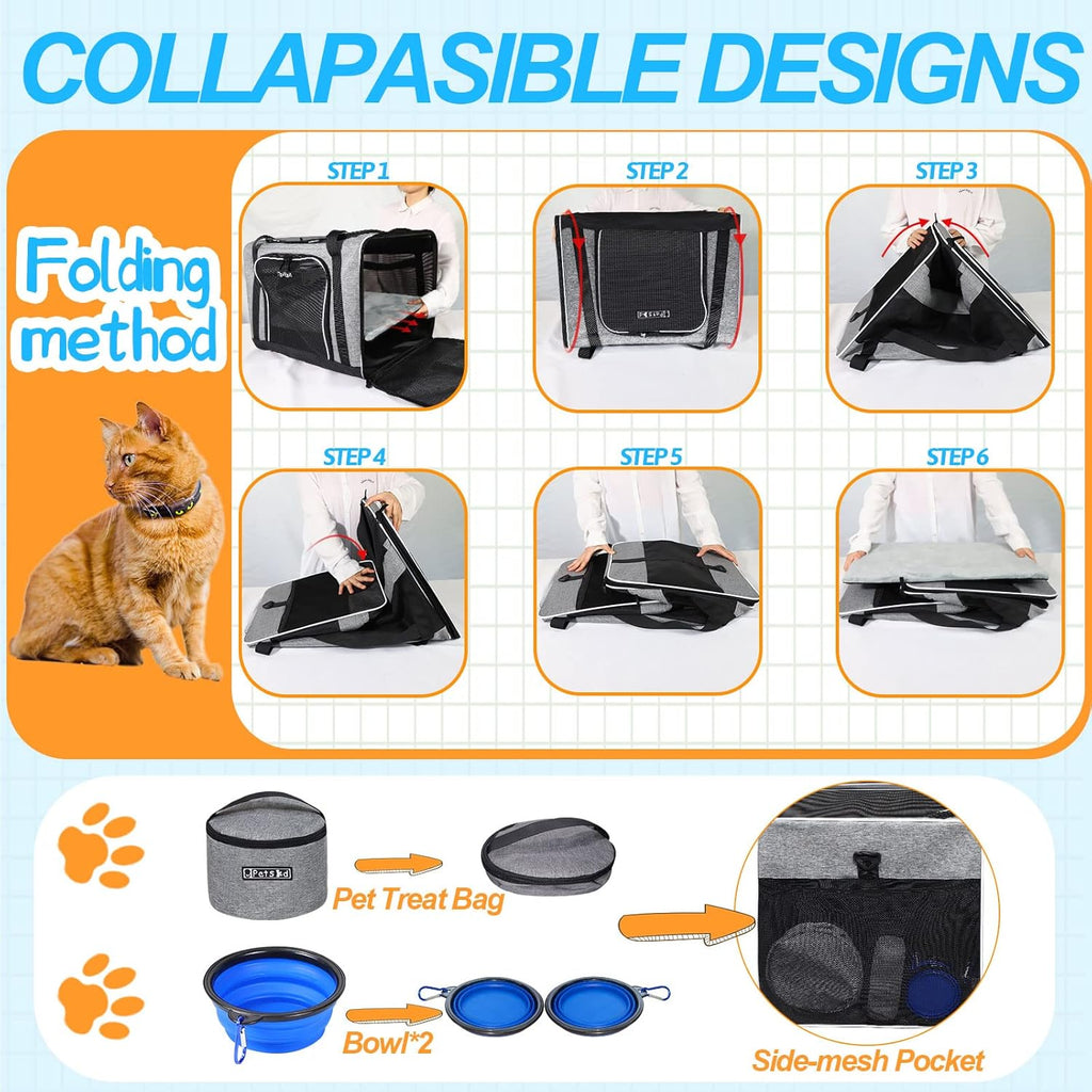 Petskd Extra Large Pet Carrier 24"x17"x17" for Large Cat or Medium Dog, Collapsible Soft Sided Dog cat Carrier for Long Trips with Lockable Safety Zippers(Grey)