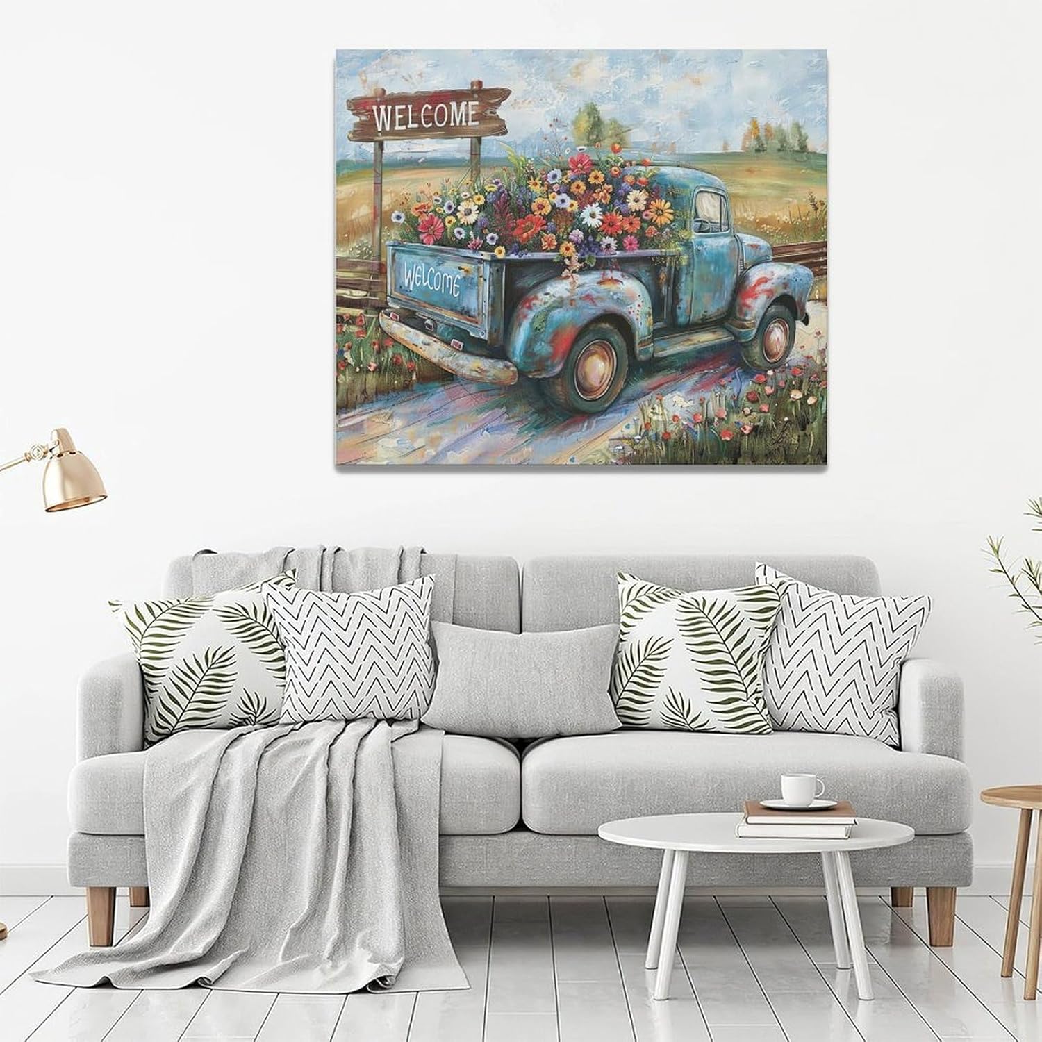 Farmhouse Truck Wall Art Rustic Country Wildflowers Wall Decor Road Flowers Landscape Pictures Canvas Print Painting Artwork for Bathroom Living Room Bedroom 20"x24"