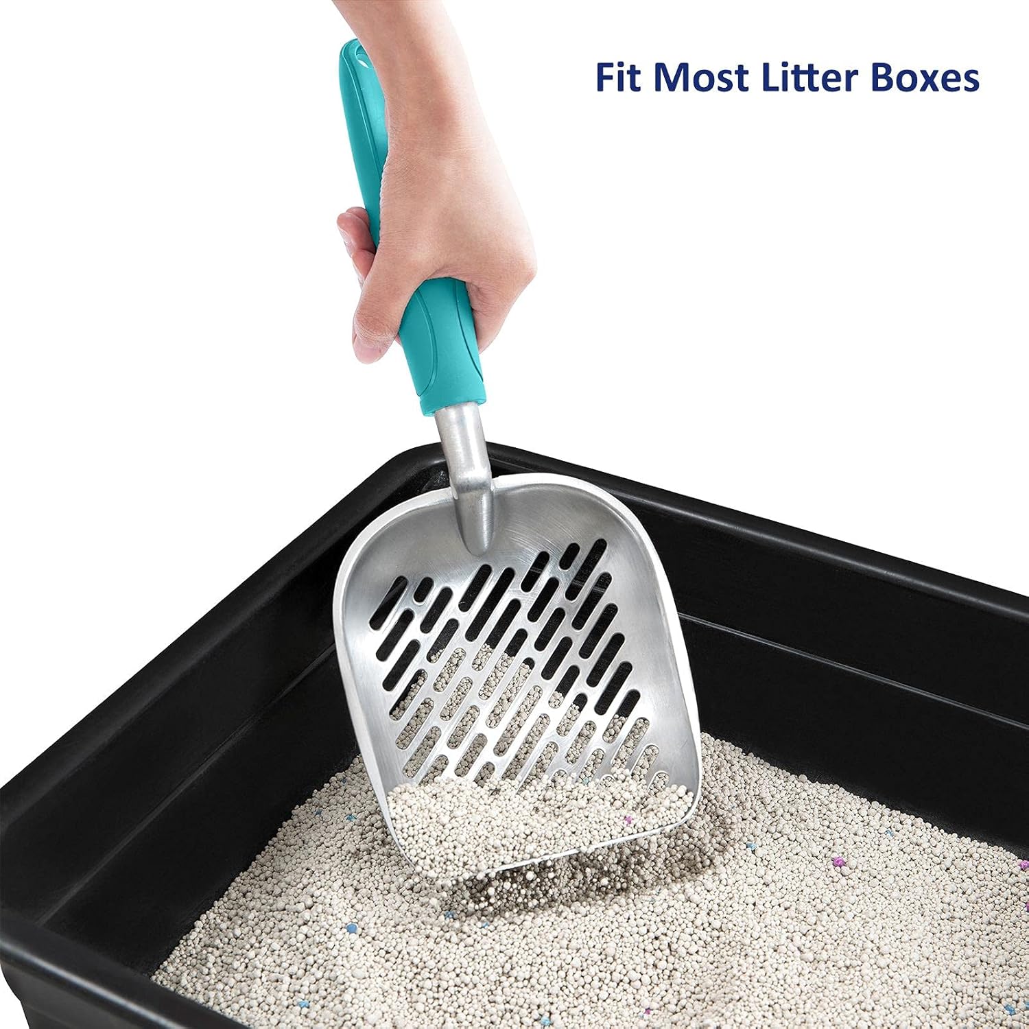 WePet Cat Litter Scoop, Aluminum Alloy Sifter, Kitty Metal Scooper, Deep Shovel with Diagonal Sifting Hole, Long Handle, Kitten Poop Lifter for Litter Box, Large Size, Turkish Blue Handle