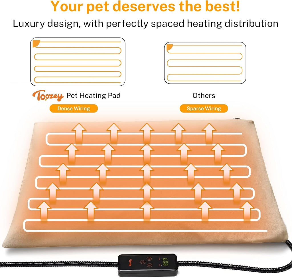 Toozey Pet Heating Pad, 6 Adjustable Temperature Dog Cat Heating Pad with Timer, Waterproof Heated Dog Bed with Chew Resistant Cord, Indoor Electric Pet Heated Mat 28x20in