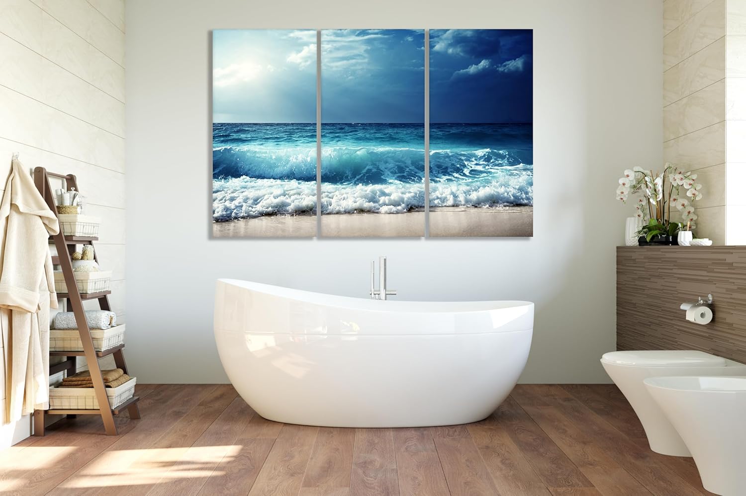 Nature Wall Art Prints - Ocean Forest Mountain Lake Canvas Landscapes - Small to Extra Large Living Room Bedroom Kitchen Bathroom Décor (Summer Ocean Beach, 39L" x 59W" - 3 Panels)