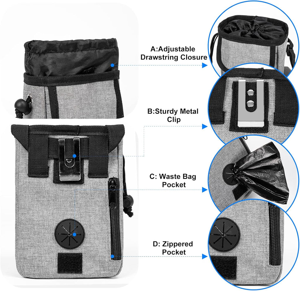 Airline Approved Dog Travel Bag with 2 Dog Treat Training Pouches, Tote Organizer for Weekend Pet Travel Supplies & Accessories, 2 Collapsible Bowls, 2 Food Container (Grey)