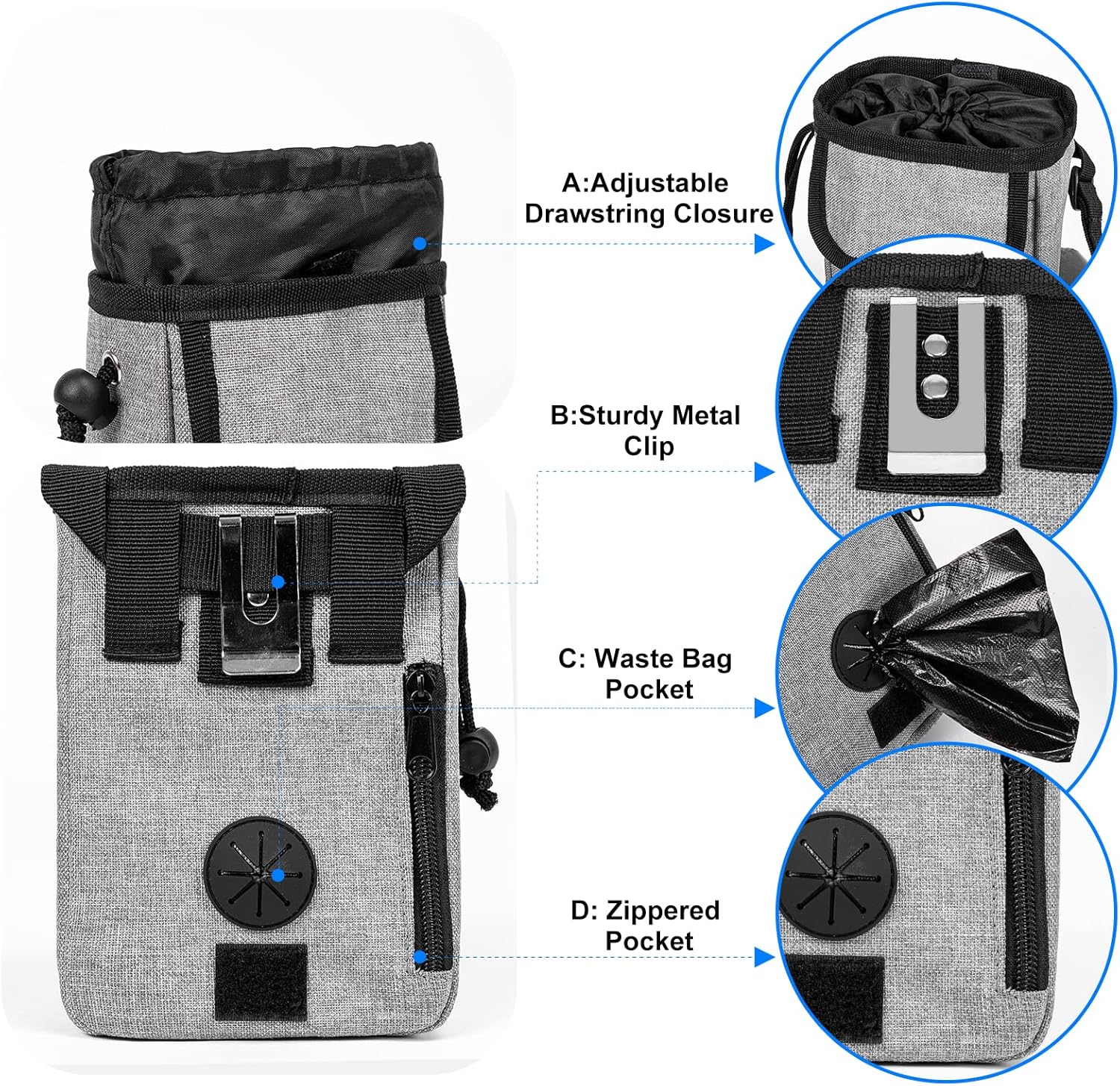 Airline Approved Dog Travel Bag with 2 Dog Treat Training Pouches, Tote Organizer for Weekend Pet Travel Supplies & Accessories, 2 Collapsible Bowls, 2 Food Container (Grey)
