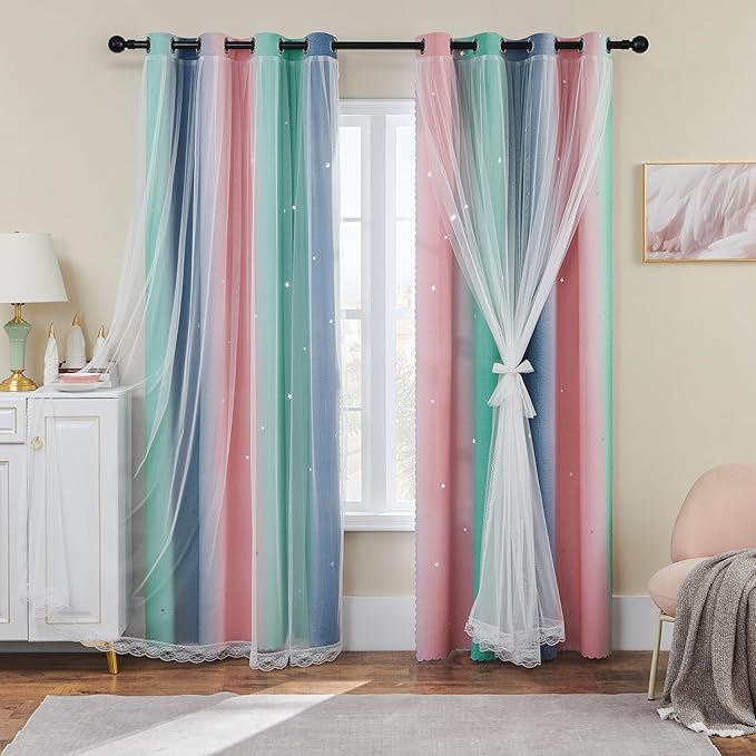 XiDi Pink Grey Green Girls Curtains for Bedroom Rainbow Blackout Short Curtains for Kitchen Cafe Window Room Darkening Kids Childs Nurser Room Wall Decor 45 inches Long 52 inches Wide 2 Panels Set
