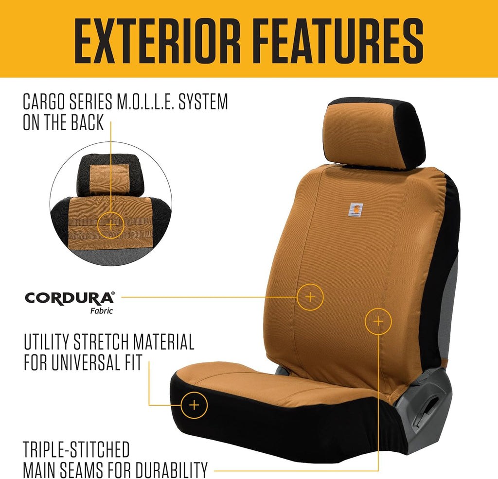 Carhartt Universal Nylon Duck Canvas Fitted Bucket Seat Cover, Durable Seat Protection with Rain Defender, Single, Black and Carhartt Brown