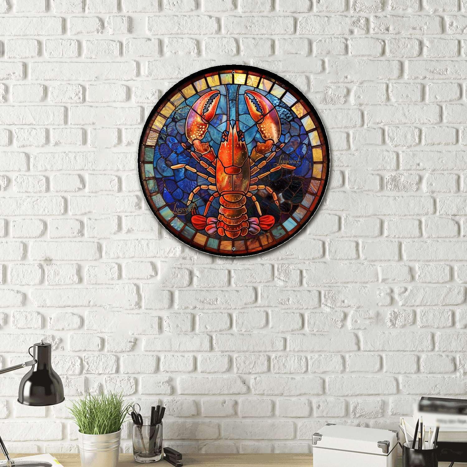 Lygond Metal Sign Tin Sign Circular Stained Glass Lobster Gardening Poster for Club 8×8 Inches