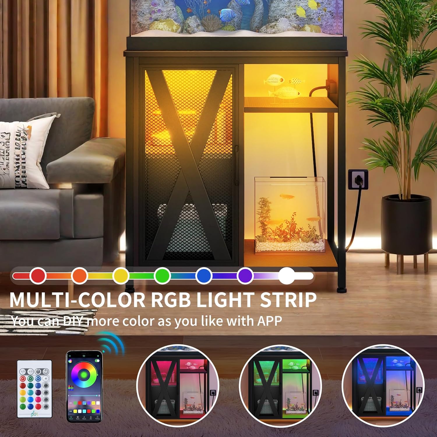 YITAHOME Fish Tank Stand with Power Outlets & LED Light, 20-29 Gallon Metal Aquarium Stand with Cabinet for Fish Tank Accessories Storage for Turtle Tank, Reptile Terrarium, 350LBS Capacity, Black