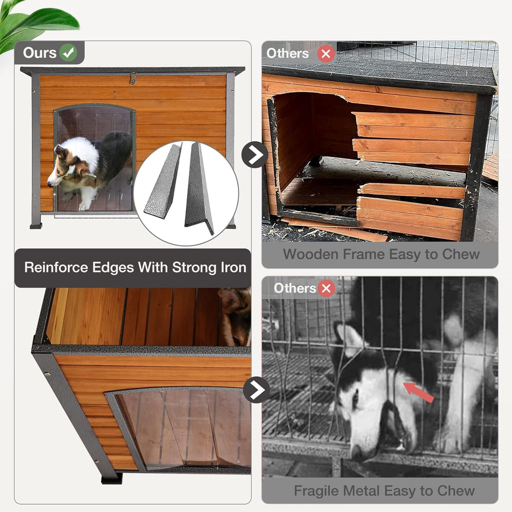 Wooden Dog House Outdoor with Iron Frame, Weatherproof Dog Kennel with Removable Floor, Anti Bite Puppy Shelter with Openable Roof (Brown, 33.5'' x 25.2'' x 22'')