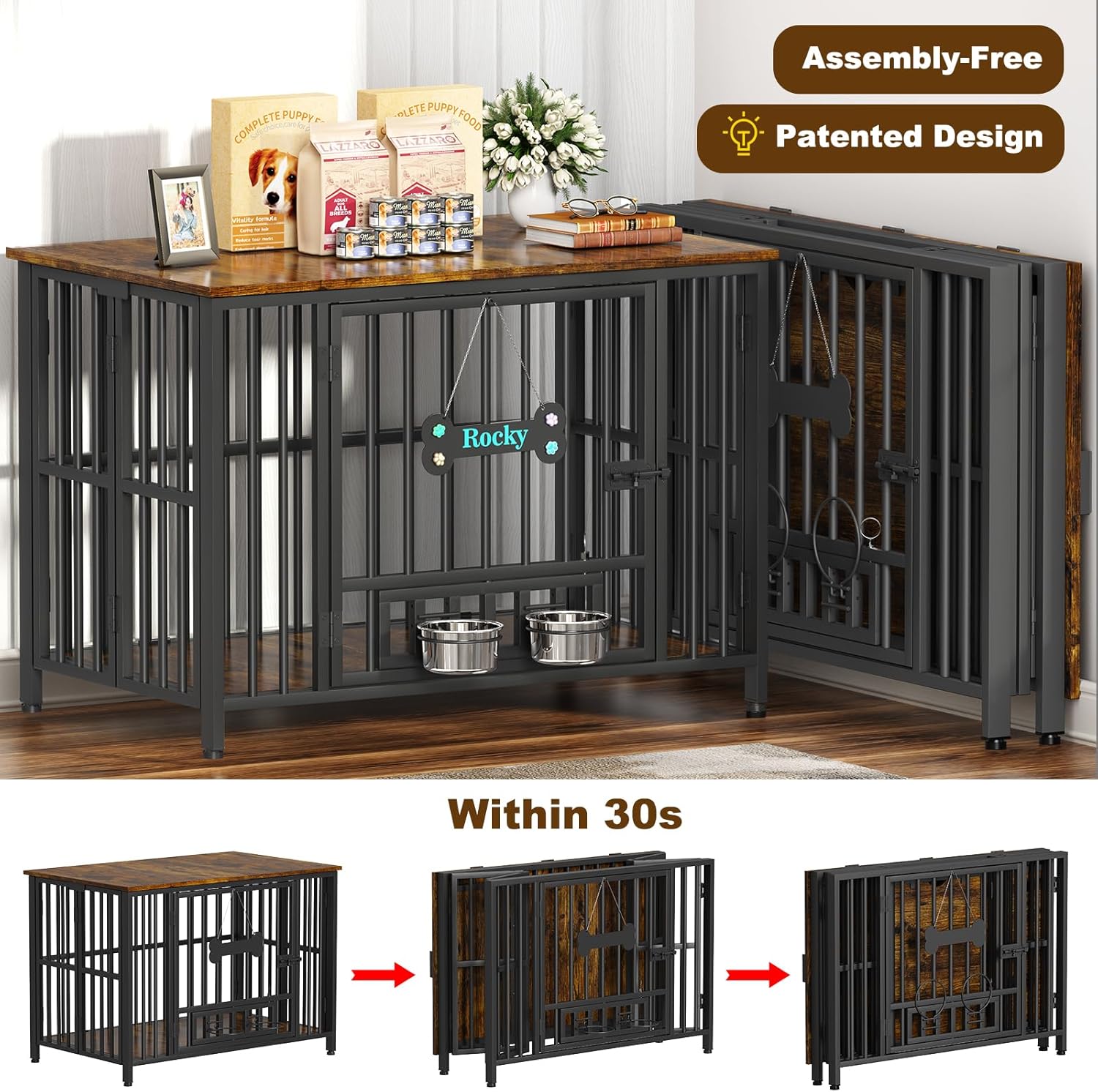 Easycom 41" Dog Crate Furniture Foldable, No Assembly Decorative Dog Kennel Indoor, Dog Crates for Large Dogs (40–65 lbs), Wooden Dog Cage with Adjustable Bowls and Name Tag, End Table, Rustic Brown