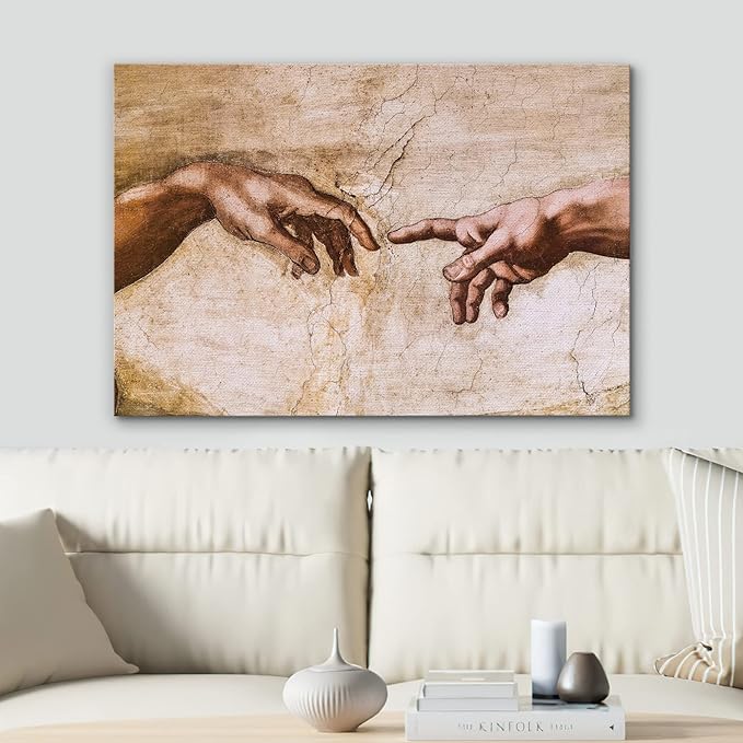 SIGNWIN Framed Canvas Wall Art Hands of God, Creation of Adam by Michelanglo Graffiti & Street Art Famous People Pop Art Modern Urban Multicolor for Living Room, Bedroom, Office - 24x36 inches