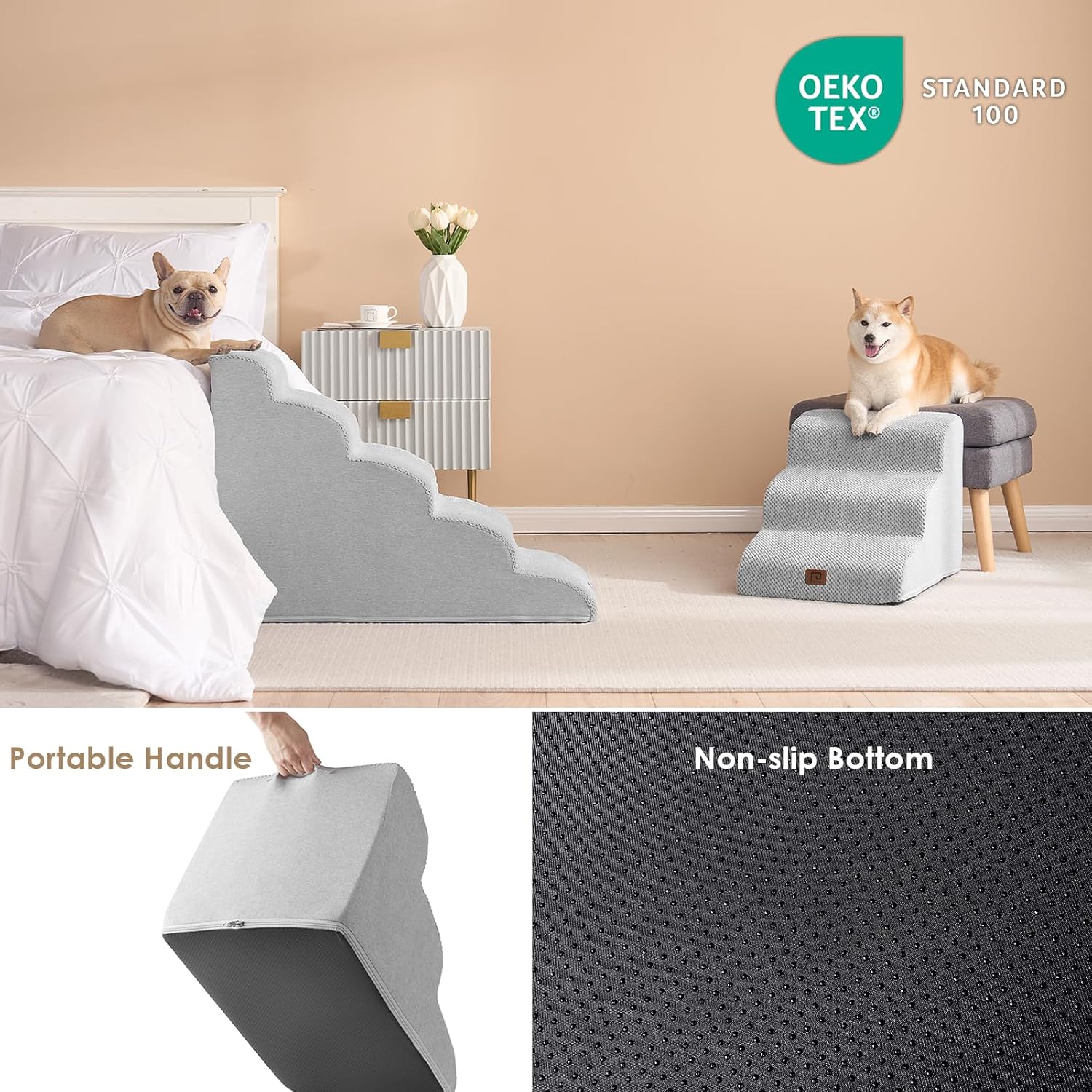 EHEYCIGA Curved Dog Stairs Ramp for High Beds 22.6" H, 5-Step Dog Steps for Small Dogs and Cats, Pet Stairs for High Bed Climbing, Non-Slip Balanced Pet Step Indoor, Light Grey