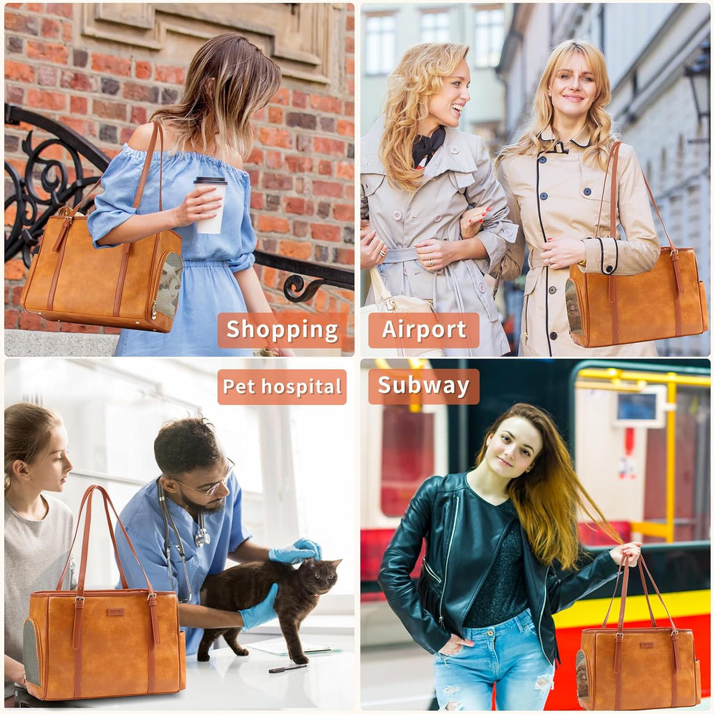 Fashion Dog Purse Pet Carrier Leather Bag for Small Dogs Cats Puppy, Portable Tote Bag Airline Approved Soft-Sided Carriers (Brown)