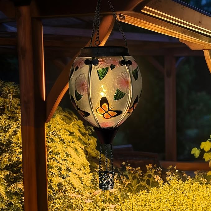 Hot Air Balloon Solar Lantern with Flickering Flame, Glass Hanging Garden Lights Outdoor Waterproof for Tree Yard Patio Mother's Day Gift, 18" H Butterfly