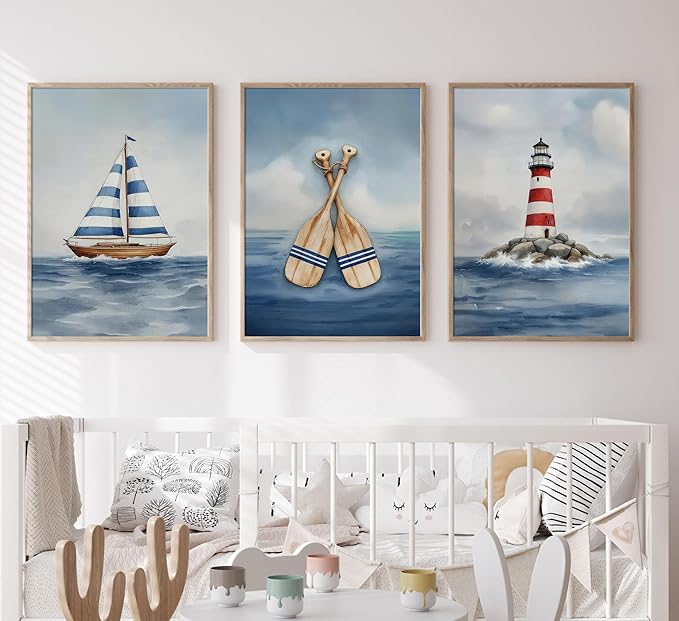SEINEMBSC Blue Nautical Nursery Wall Art Vintage Sailboat Lighthouse Pictures Wall Decor Boy Coastal Posters Navy Sea Ocean Canvas Print Artwork for Kids Boys Room Playroom Bedroom Decor, Unframed